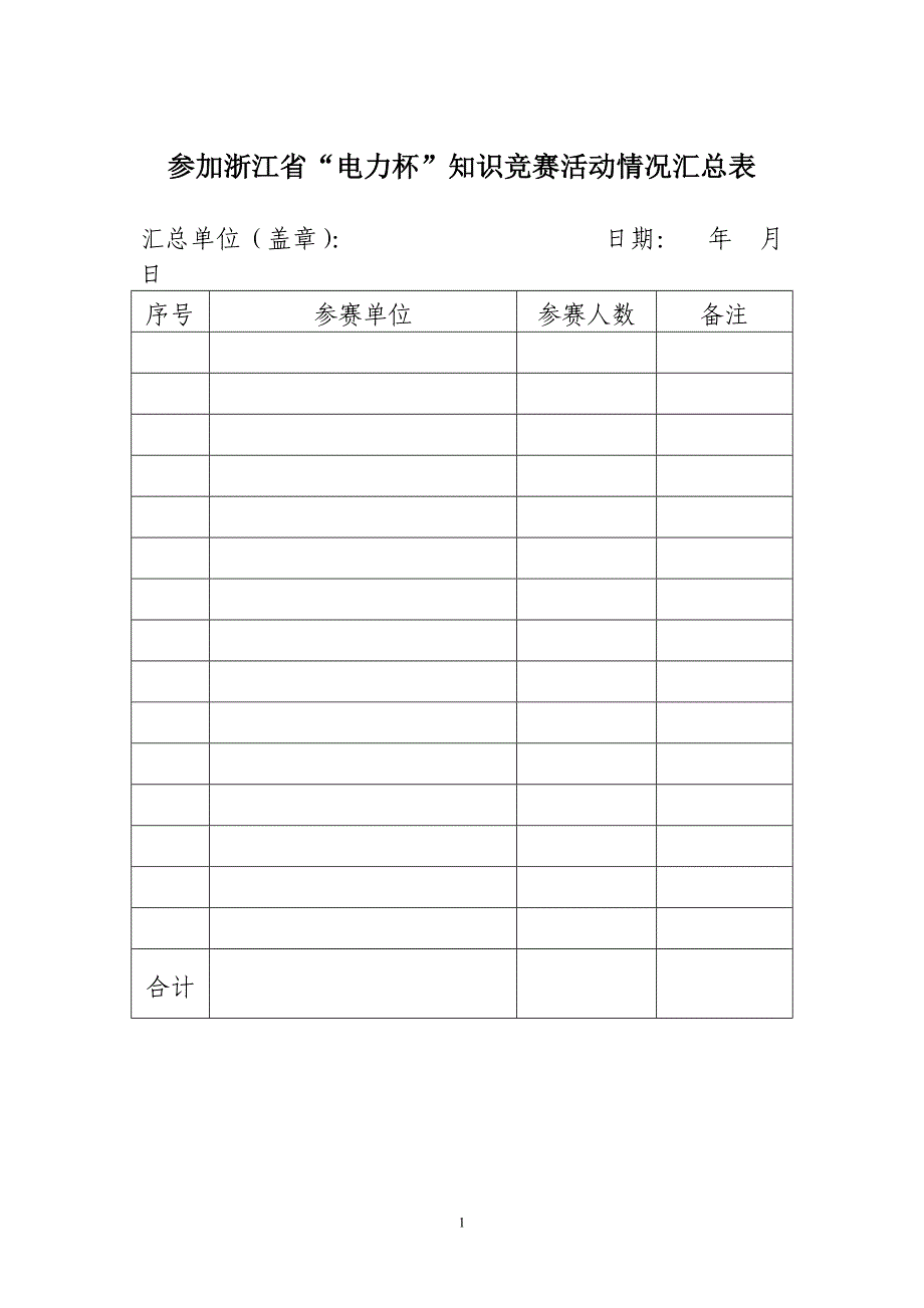 (电力行业)参加某某电力杯知识竞赛活动情况汇总表_第1页