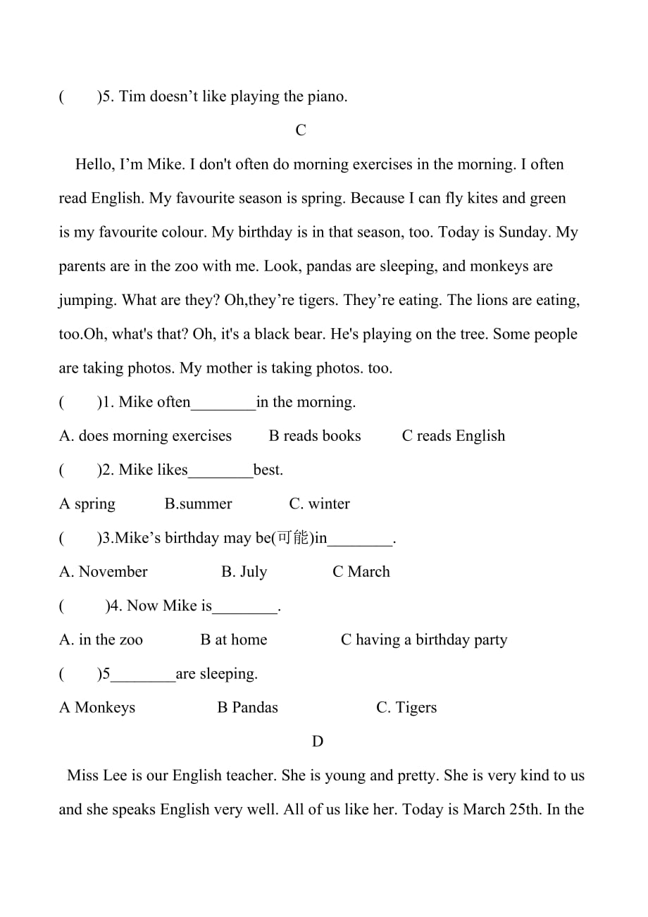 五年级英语下册(阅读和写作)专项分类检测卷_第4页