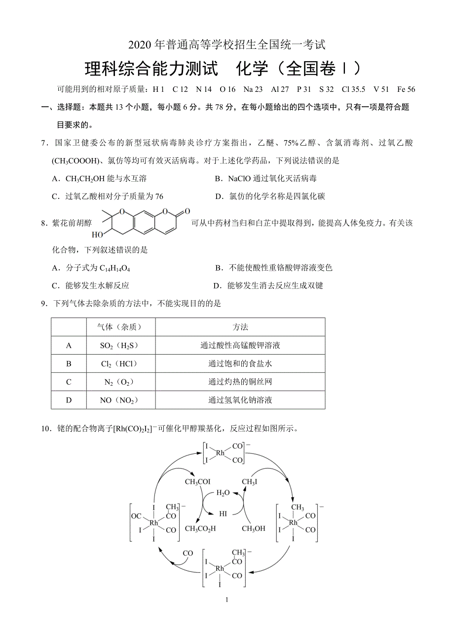 2020年高考全国理综化学与新高考化学试题及答案（七套）_第1页