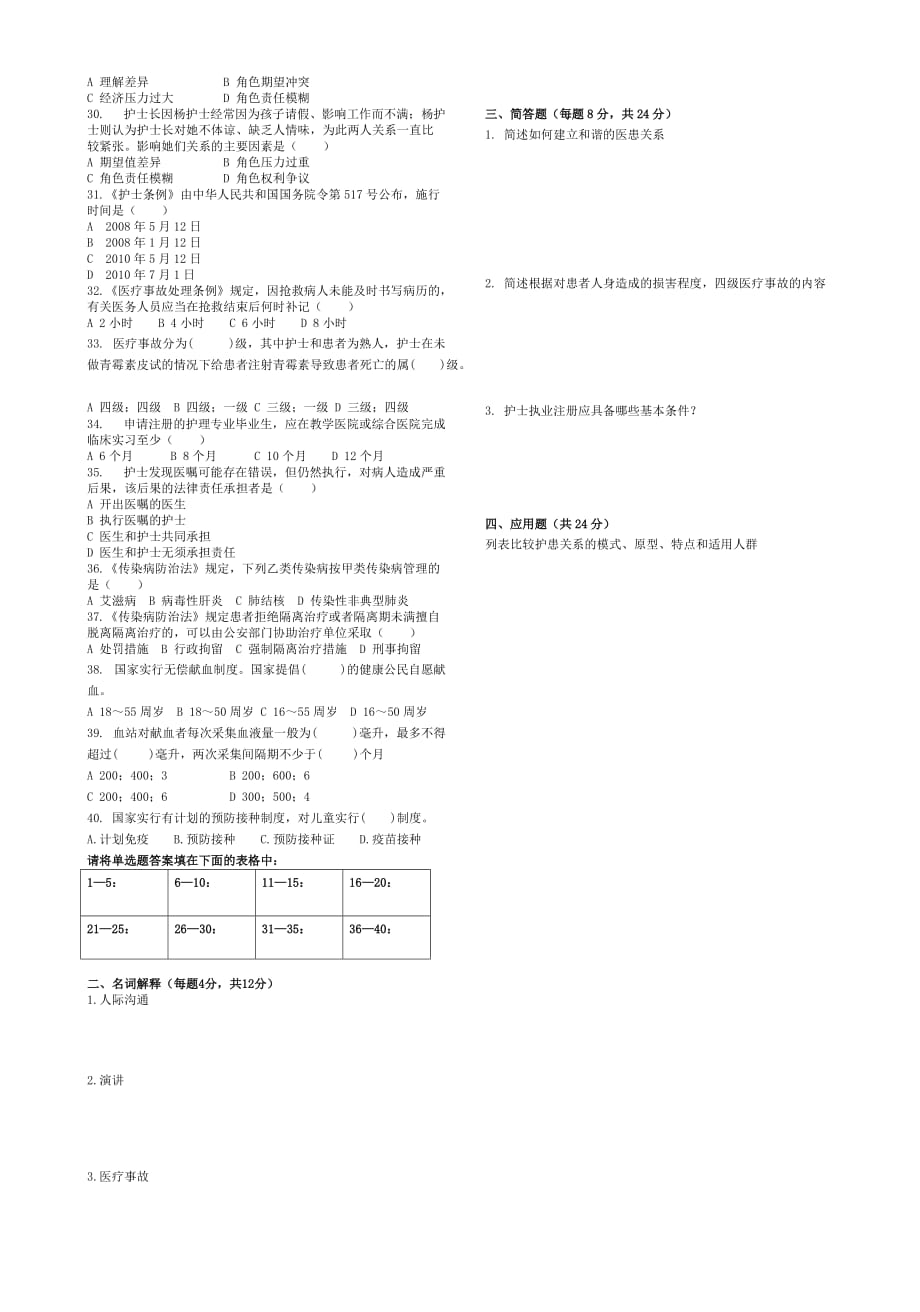 护理人文1集中考试期末试卷.doc_第2页