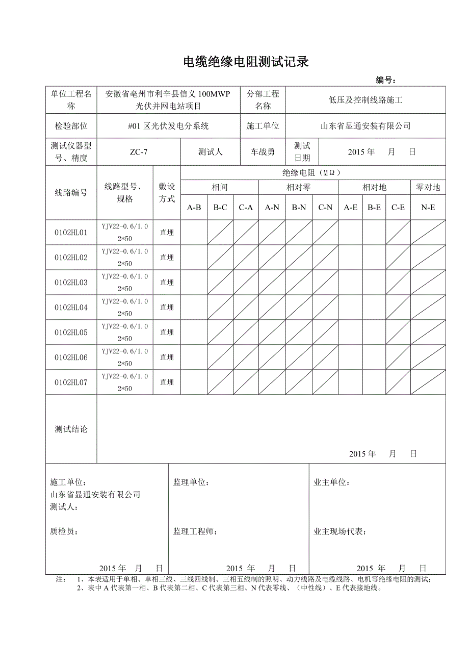 (电力行业)汇流箱至直流柜电缆绝缘电阻测试记录精品_第2页