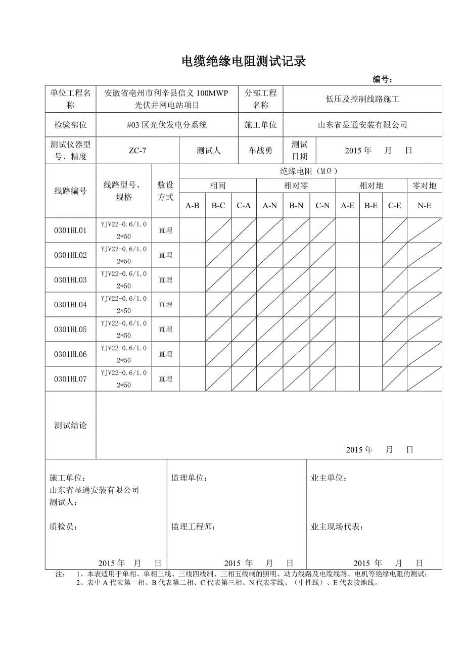 (电力行业)汇流箱至直流柜电缆绝缘电阻测试记录精品_第5页