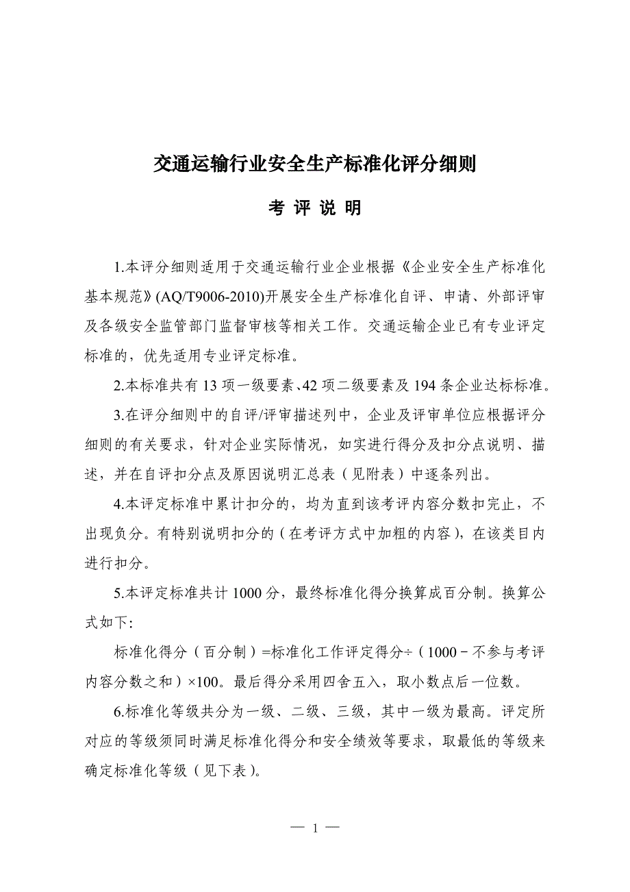 {安全生产管理}交通运输行业安全生产标准化评分细则某某某_第1页