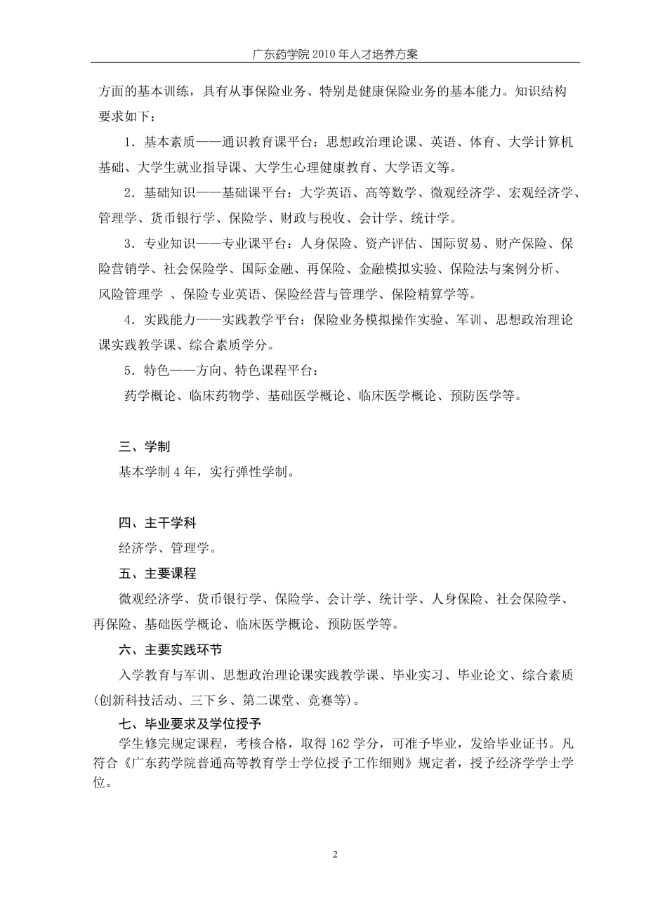 (医疗药品管理)广东药学院保险专业人才培养书精品_第2页