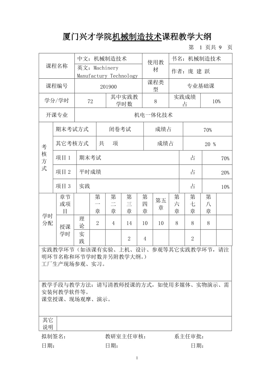 (机械行业)厦门兴才学院机械制造技术课程教学大纲精品_第1页