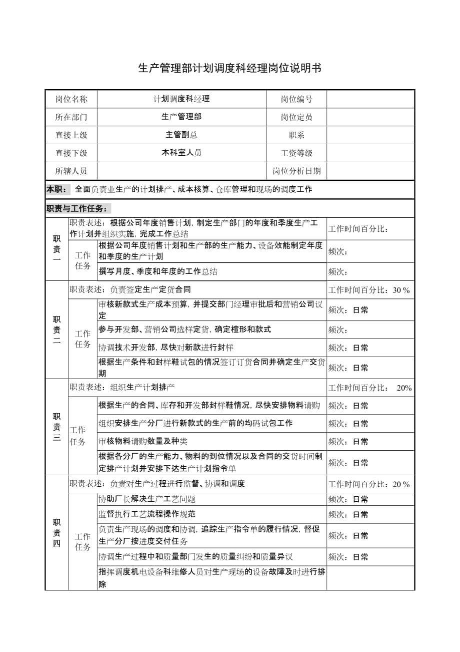 {生产计划培训}生产管理部计划调度科经理岗位说明书_第1页