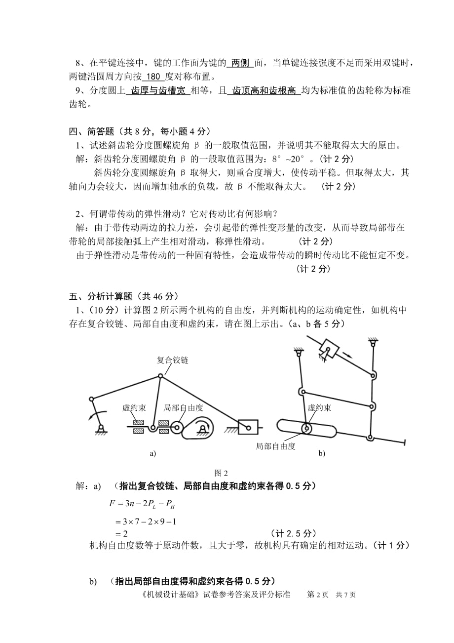 (机械行业)机械设计基础试卷样式07A卷参考答案及评分标准定轴轮系精品_第2页