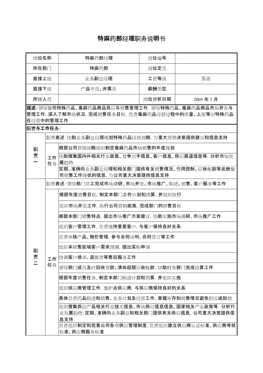 (医疗药品管理)医药公司特麻药部经理职务说明书精品_第1页