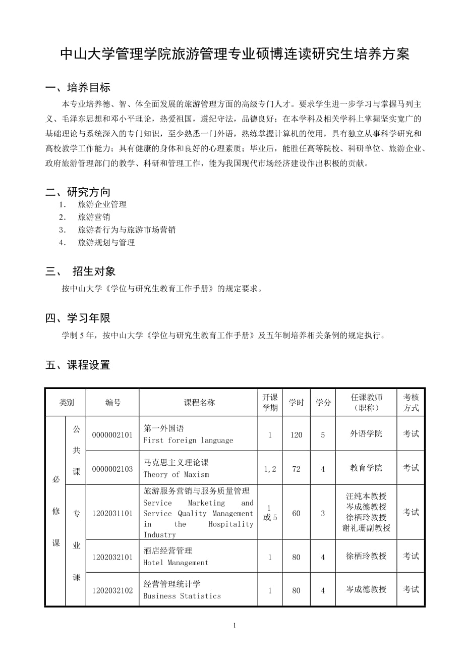 (旅游行业)中山大学管理学院旅游管理专业硕博连读研究生培养方案精品_第1页