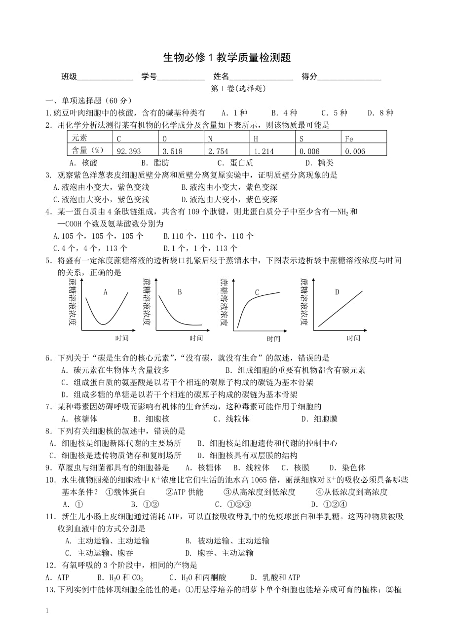 (生物科技)生物必修1教学质量检测题精品_第1页