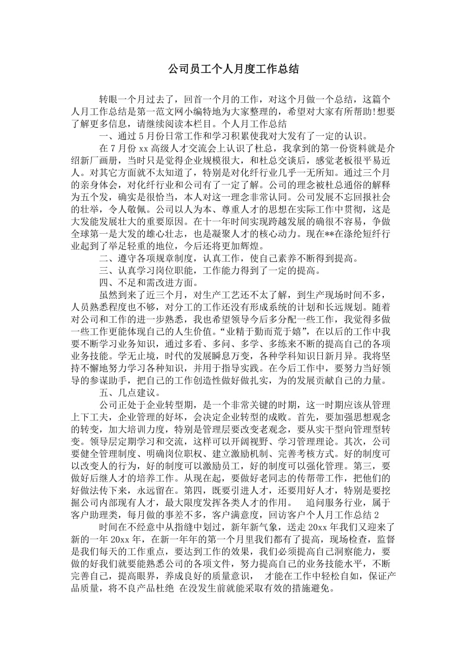 公司员工个人月度 工作总结_第1页