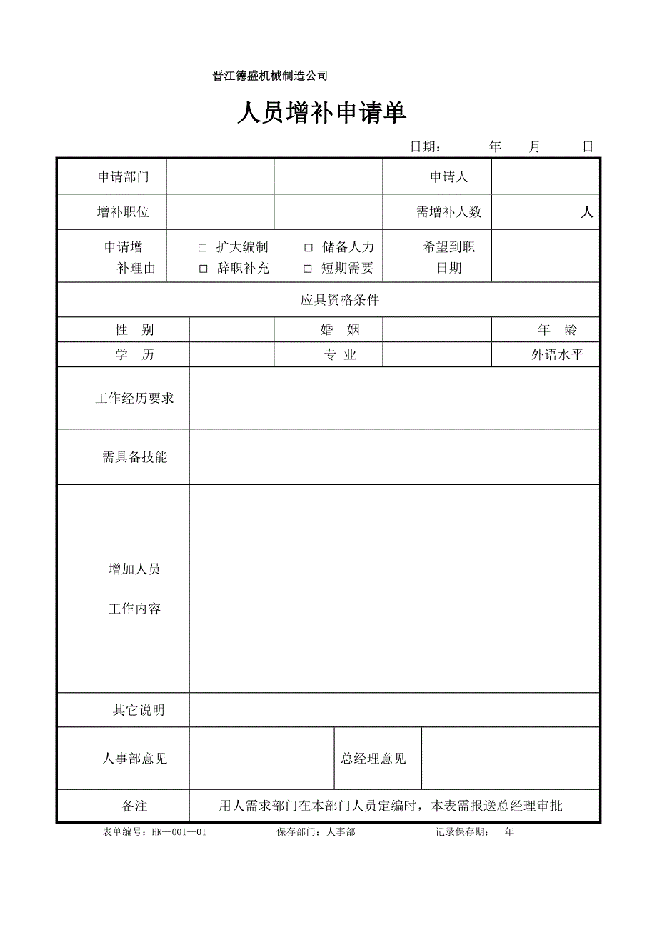 (机械行业)晋江德盛机械制造公司人力资源管理表格汇编精品_第1页