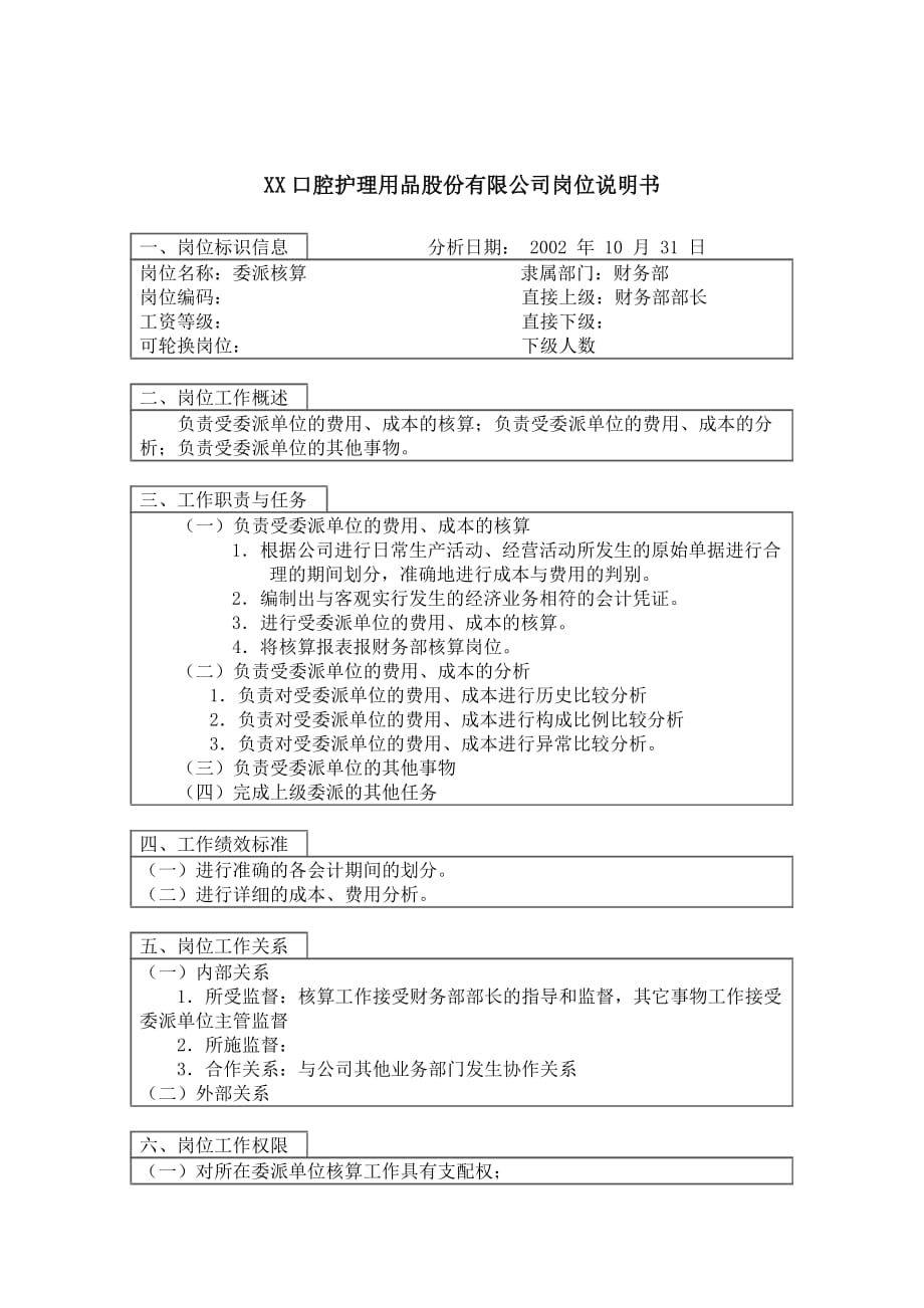 (医疗行业管理)医药行业财务部委派核算岗位说明书精品_第1页