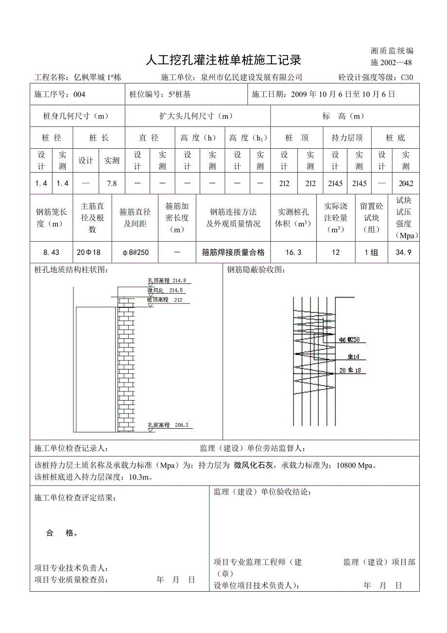 (城乡、园林规划)人工挖孔灌注桩单桩施工记录改)2精品_第4页