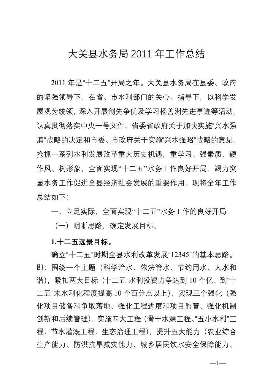 (报市水利局)大关县水务局2011年工作总结_第1页