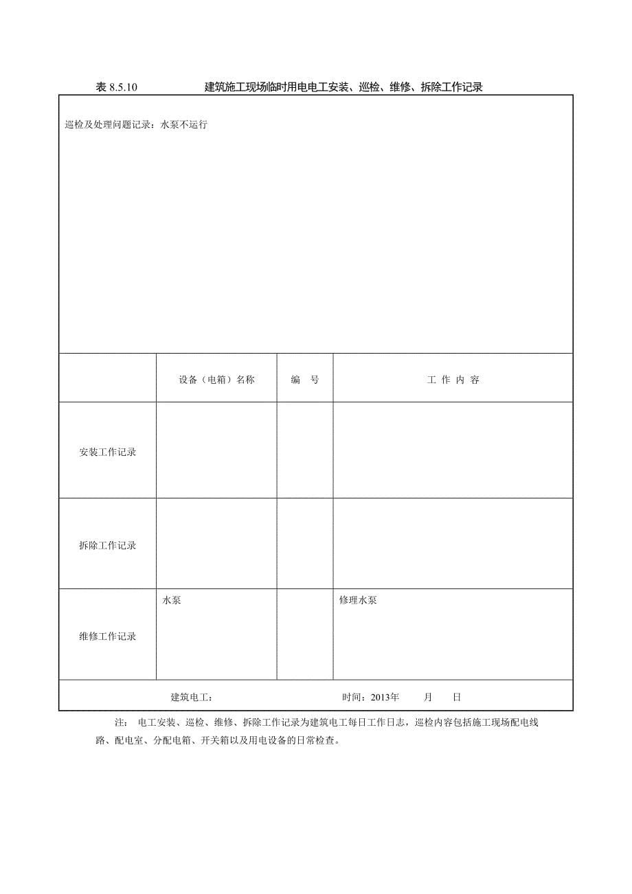 {生产管理知识}建筑施工现场临时用电电工安装巡检维修拆除工作记录有内容_第5页