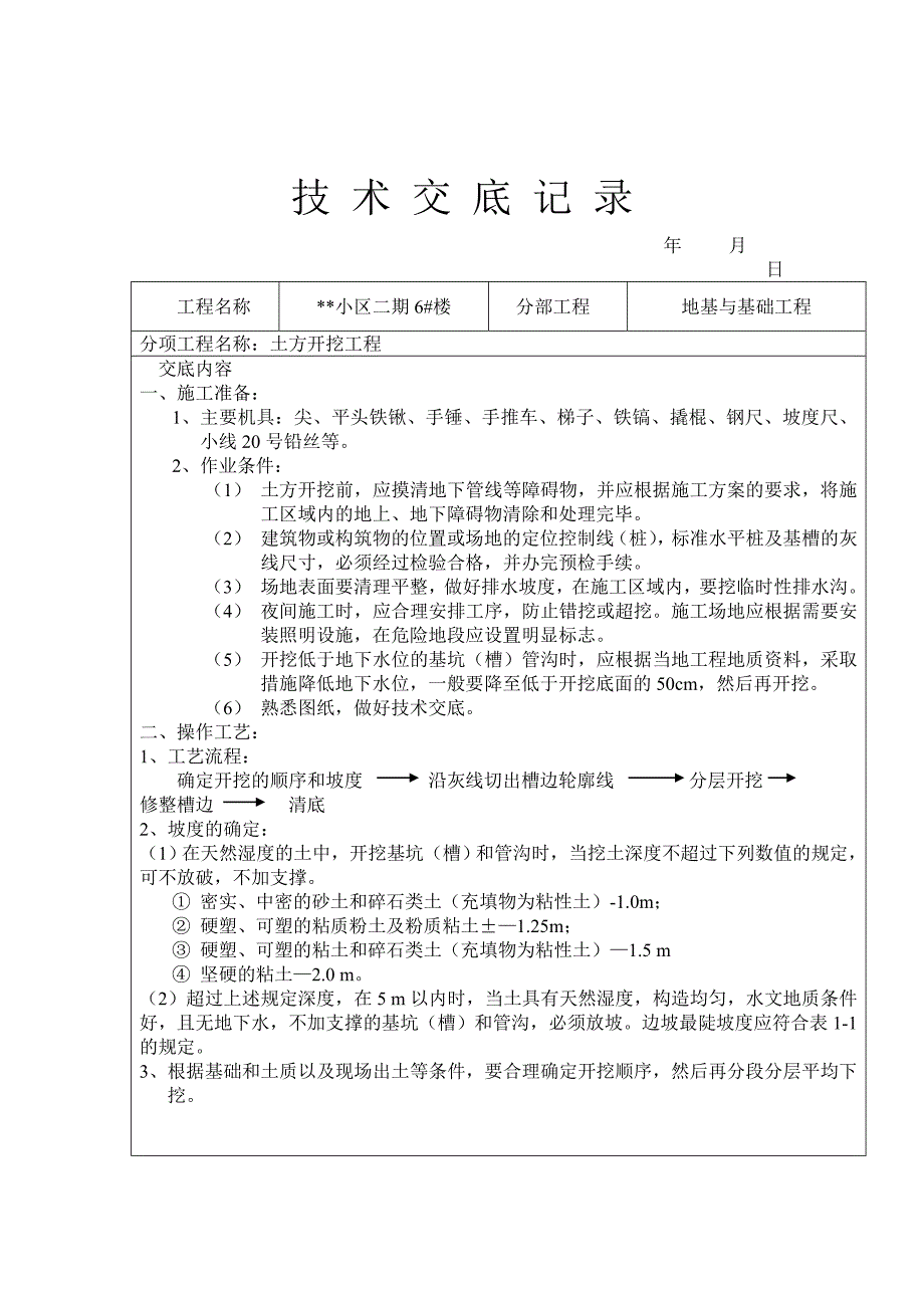 {生产管理知识}技术交底记录土方开挖工程_第1页