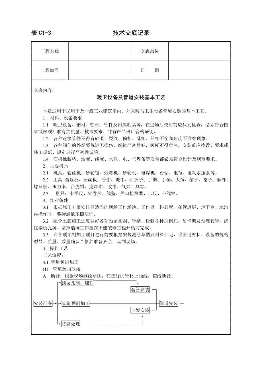 {设备管理}暖卫设备及管道安装基本工艺技术交底_第1页