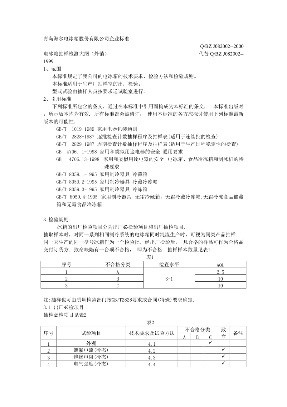 {品质管理抽样检验}冰箱抽样标准_第3页