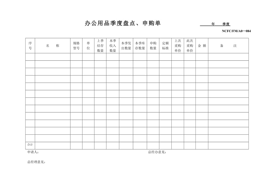 {财务管理盘点管理}办公用品季度盘点申购单._第1页