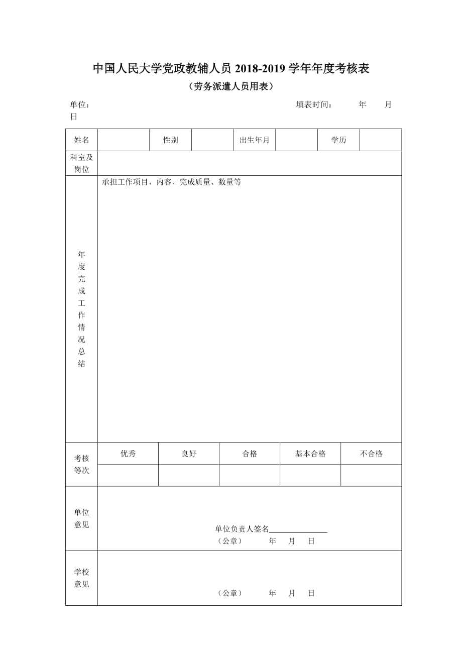 中国人民大学党政教辅人员xxxx学年年度考核表_第1页