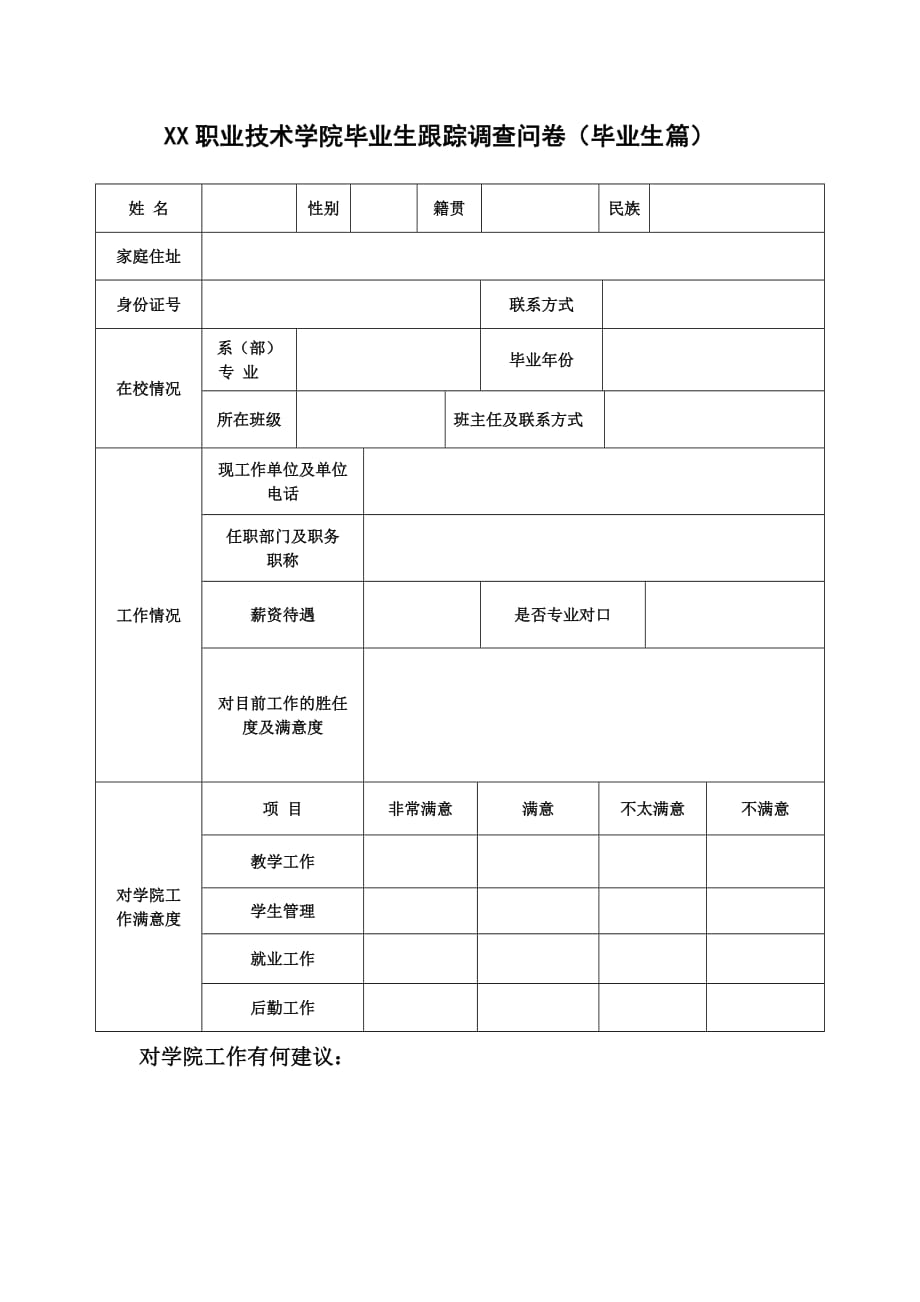 XX职业技术学院毕业生跟踪调查问卷（毕业生篇）_第1页