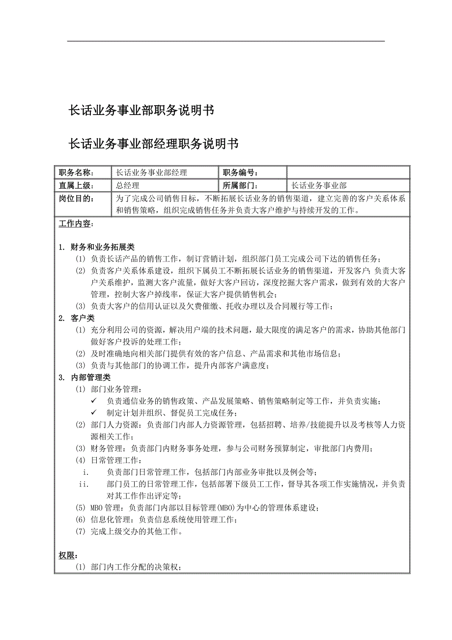 {业务管理}长话业务事业部岗位说明书_第1页