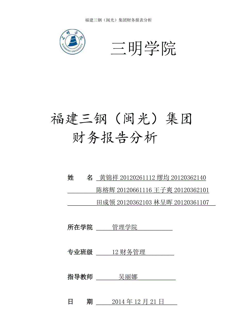 {财务管理财务分析}某年福建三钢闽光集团财务效率分析._第1页