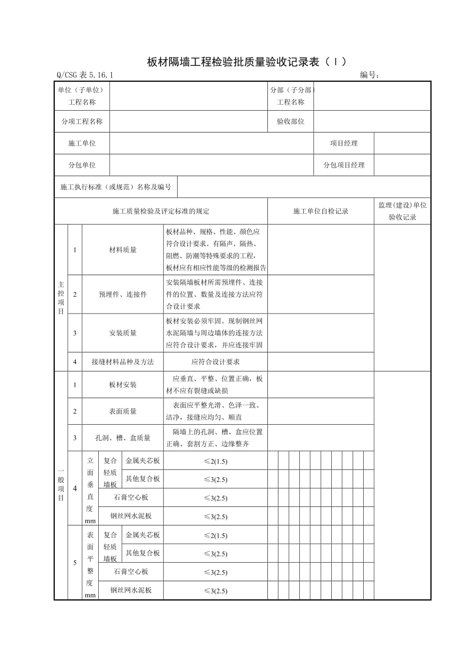 {品质管理制度表格}房建轻质隔墙工程施工质量验收记录表._第1页