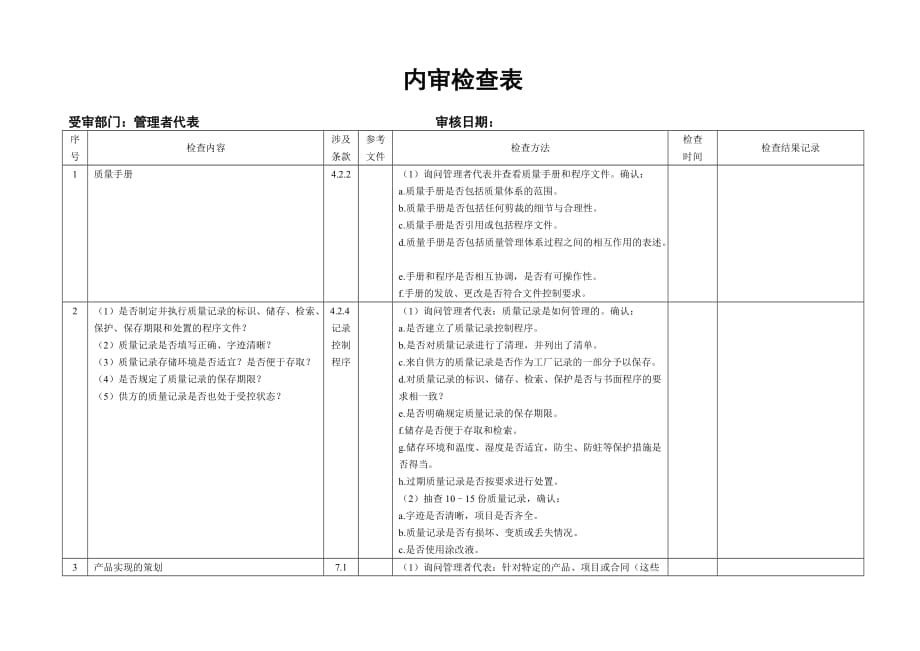 {财务管理内部审计}内审检查表管理者代表._第1页