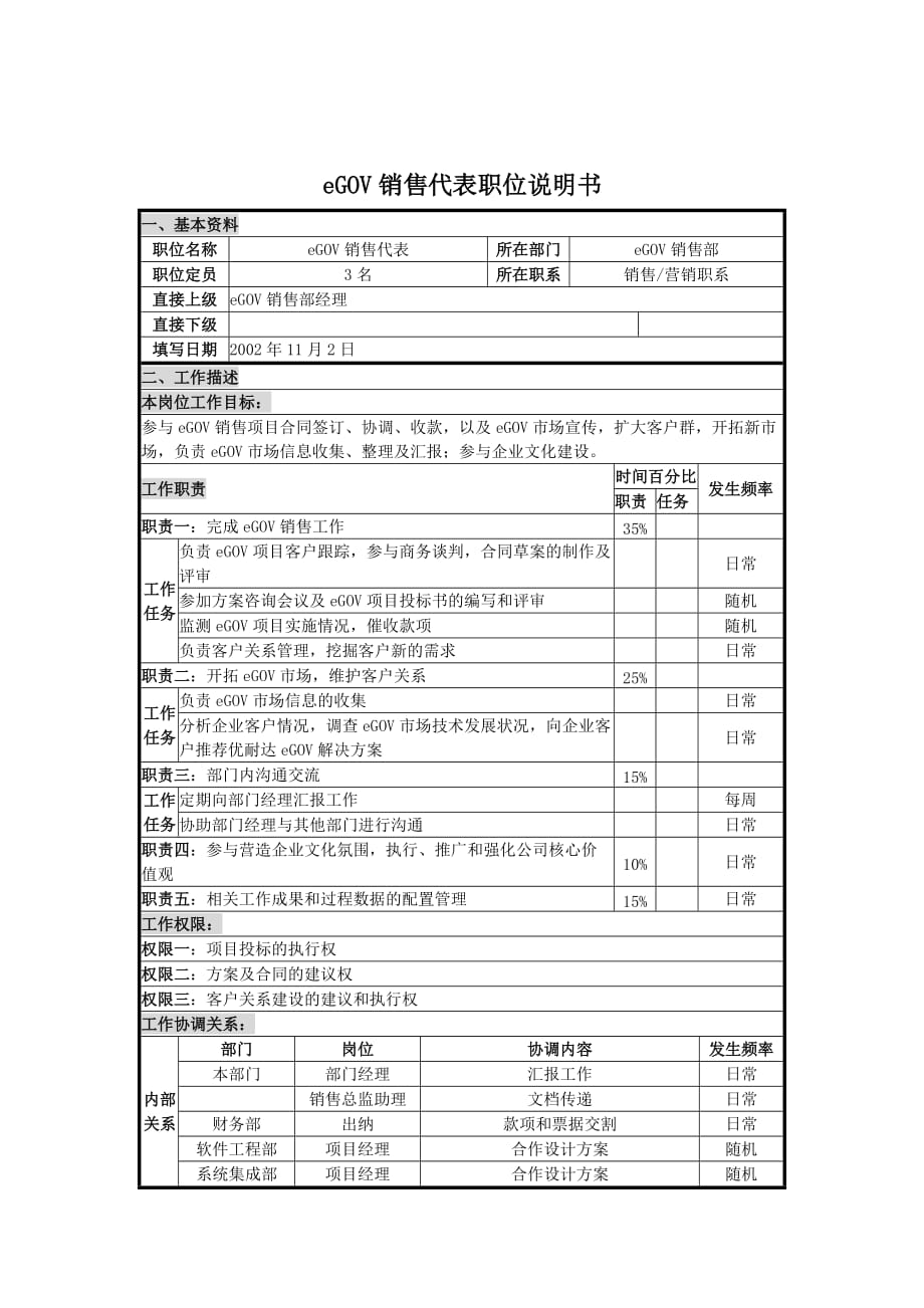 {销售管理套表}信息产业公司销售部销售代表职位说明书._第1页