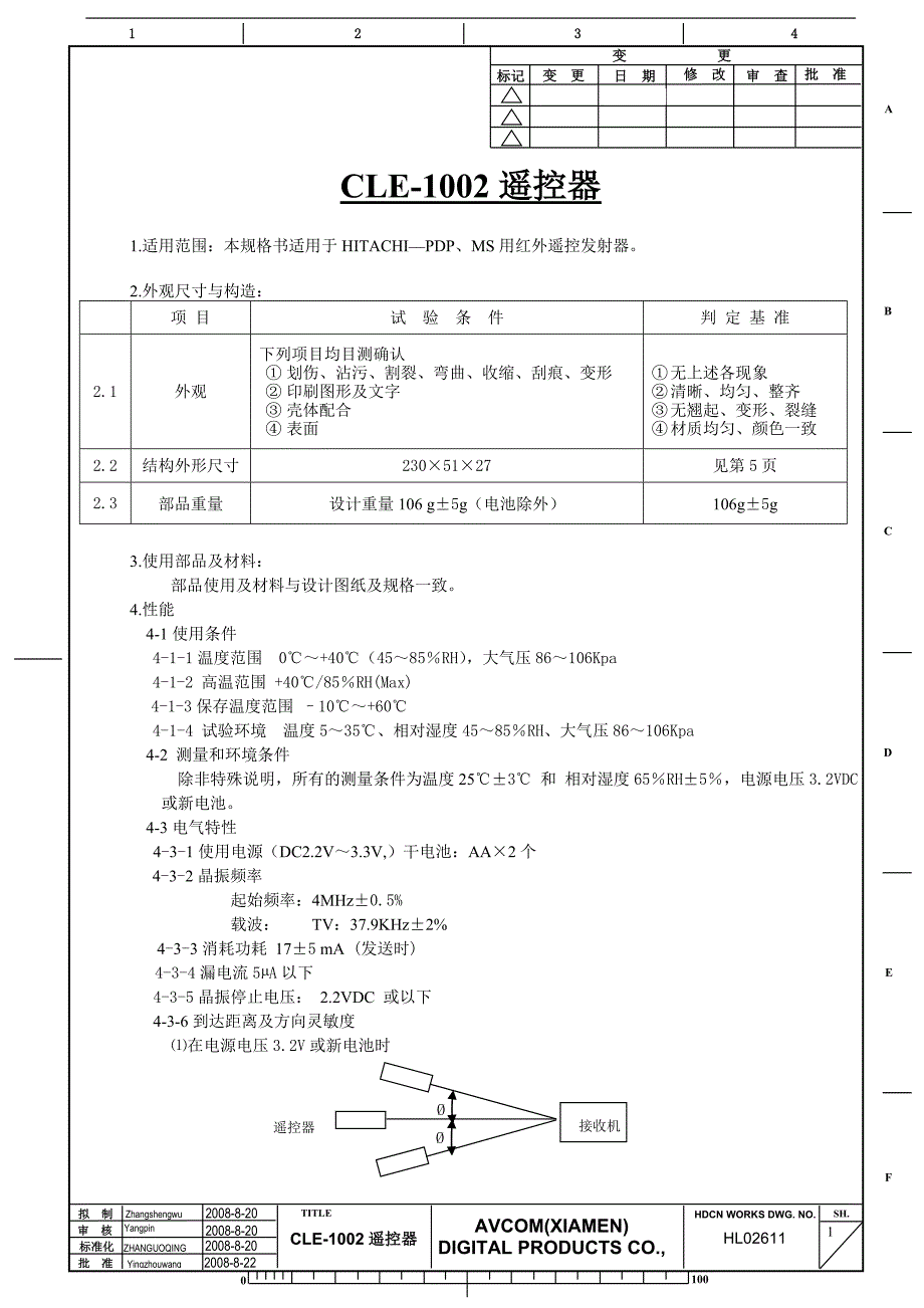 {广告传媒}日立液晶电视遥控器规格书中文版_第1页