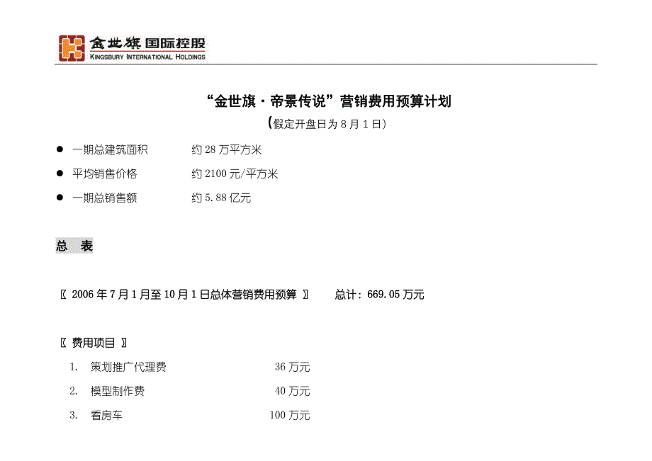 {财务管理预算编制}帝景时代整体预算计划._第1页