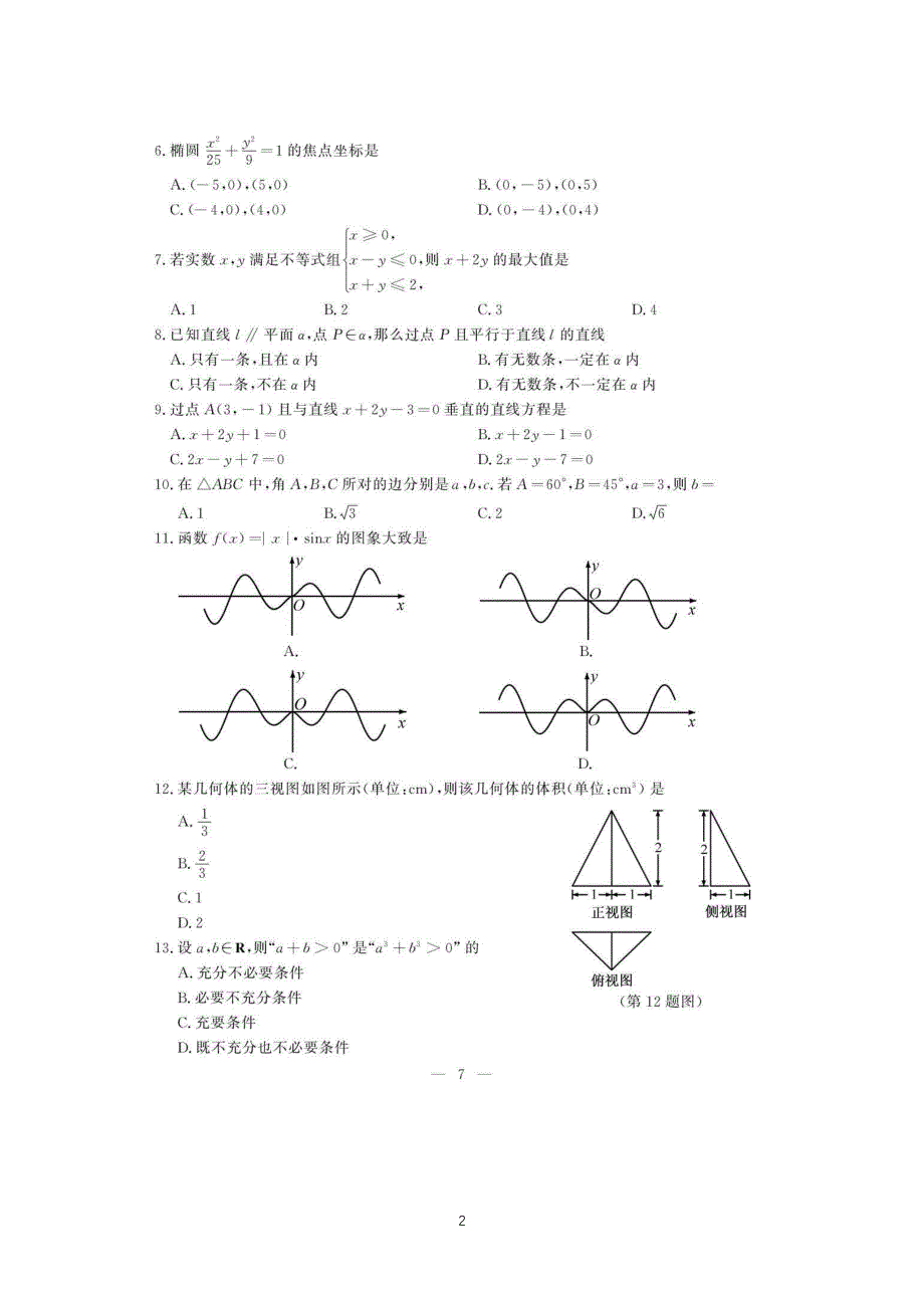 6日浙江省普通高中学业水平数学试题及答案.pdf_第2页