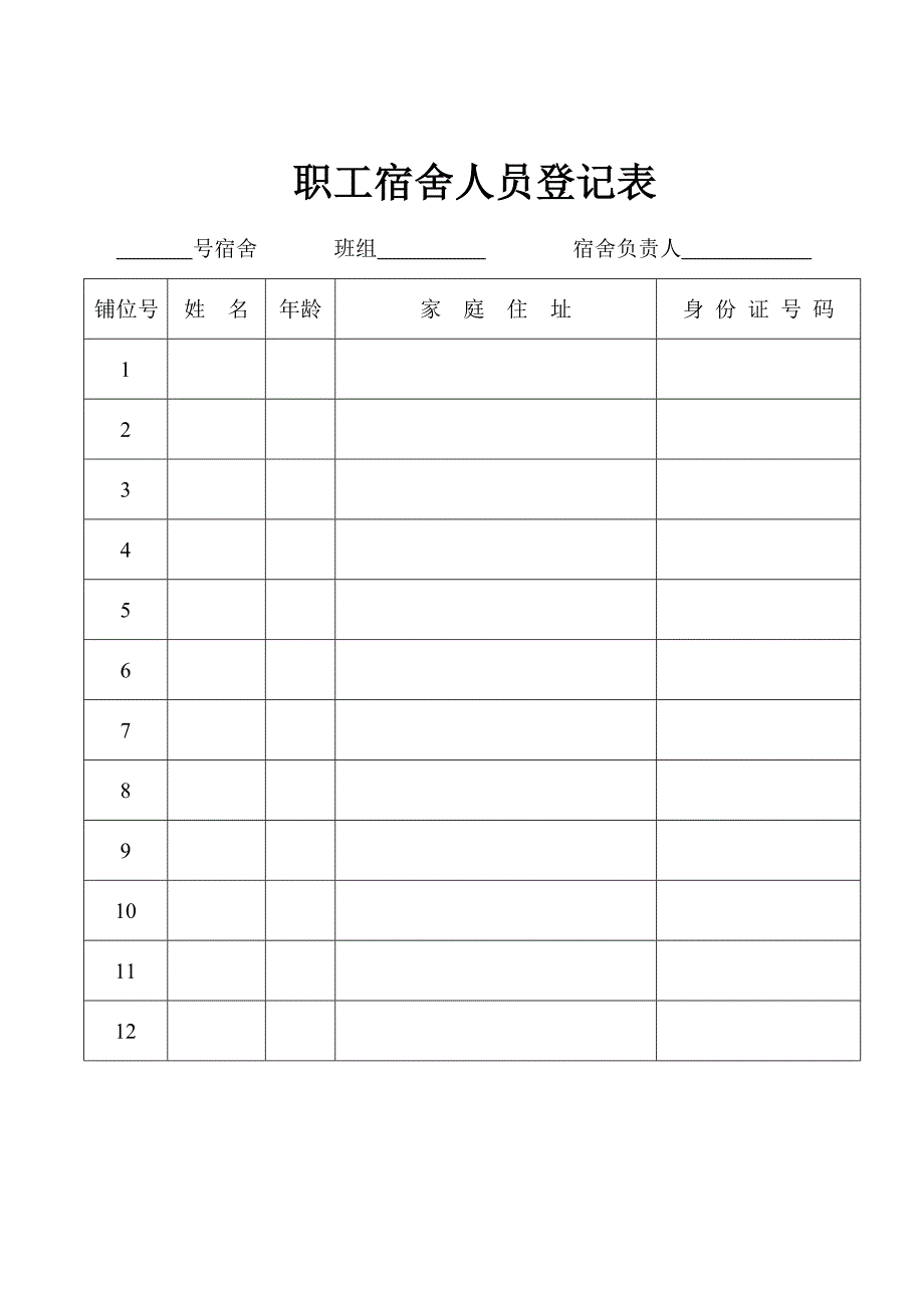 {员工管理}职工宿舍人员登记表_第1页