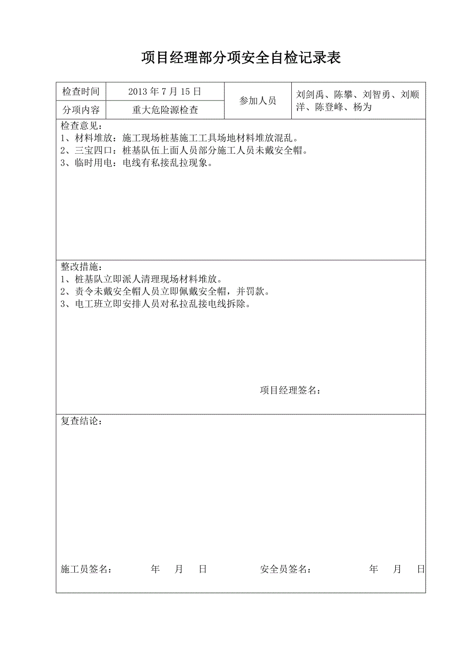 {安全管理套表}项目经理部分项安全自检记录表._第1页