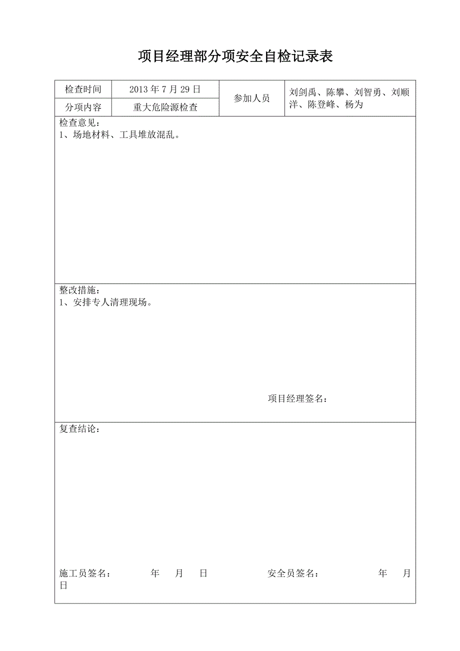 {安全管理套表}项目经理部分项安全自检记录表._第3页