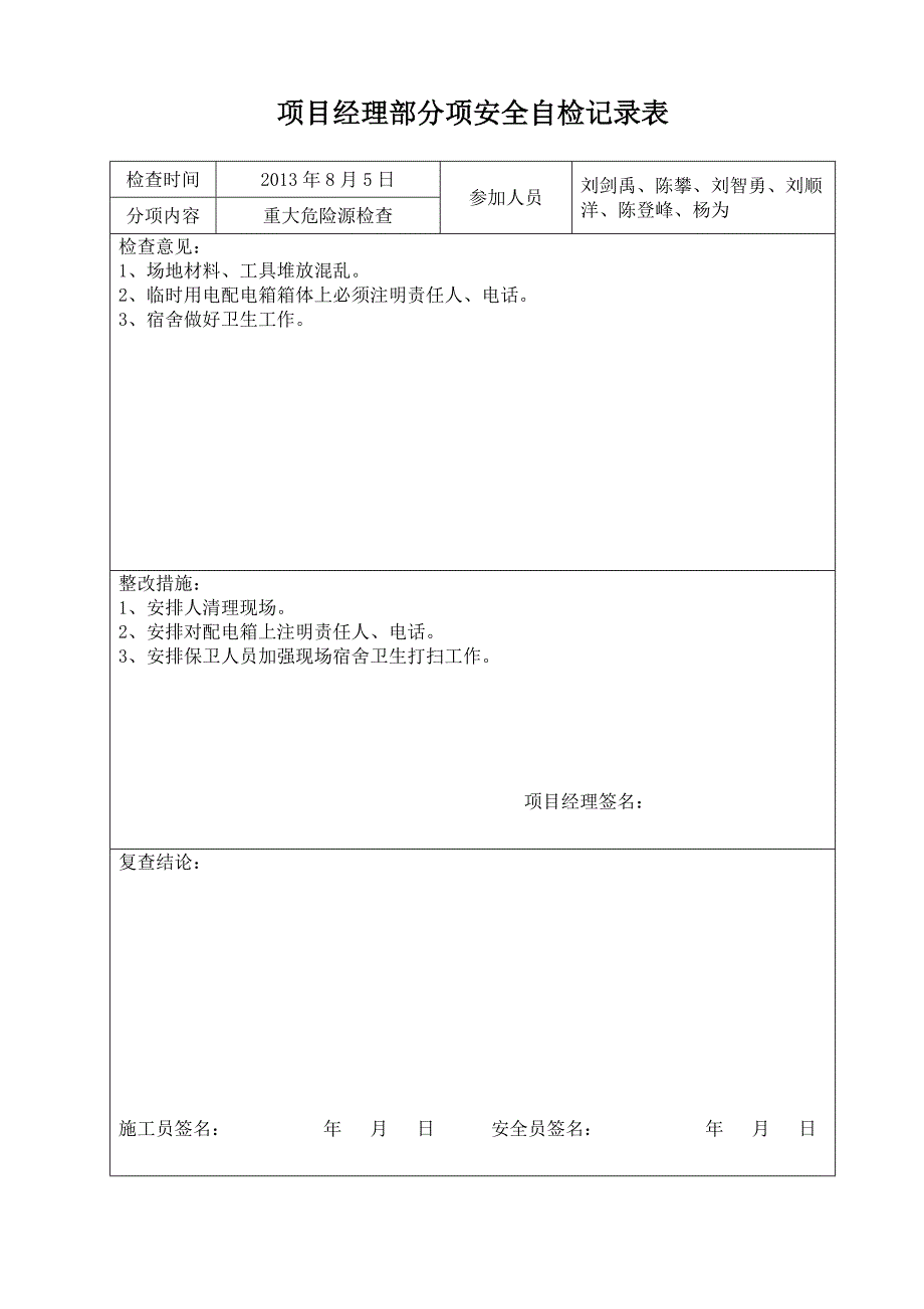 {安全管理套表}项目经理部分项安全自检记录表._第4页