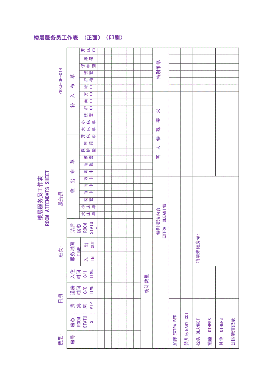 连锁酒店楼层服务员工作表（样本）_第1页