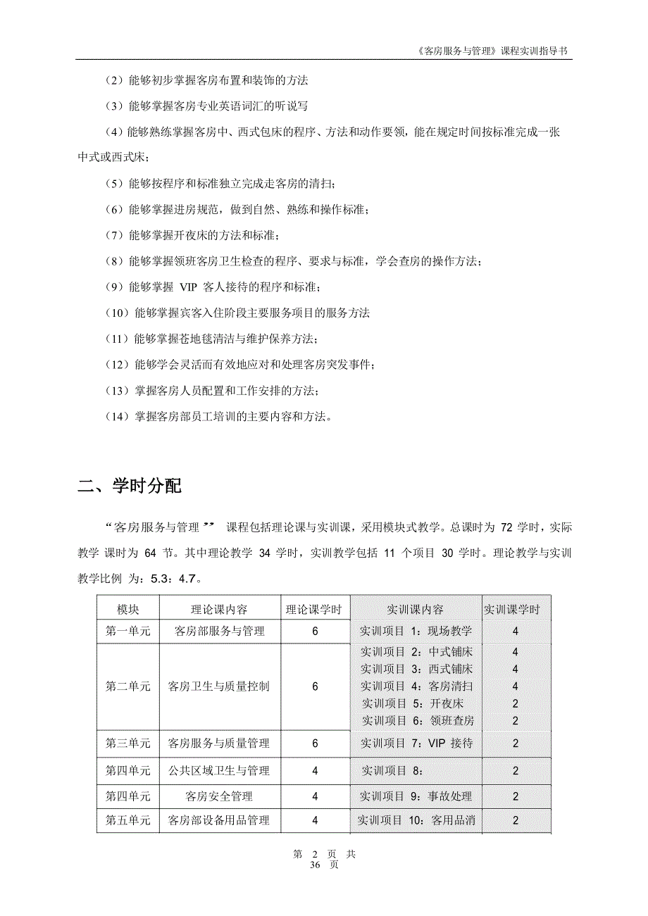 {售后服务}客房服务与管理实训指导书_第2页