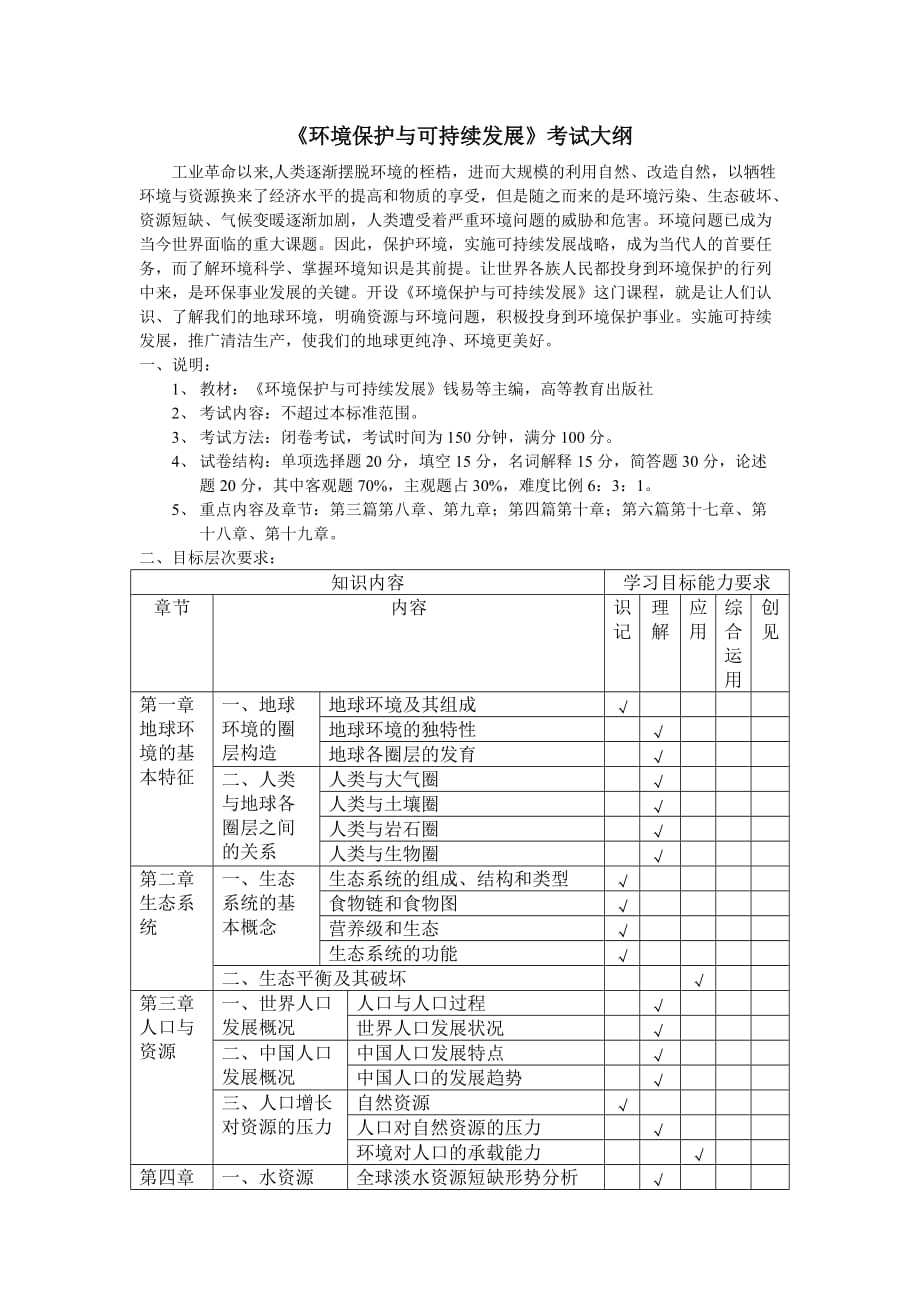 环境管理环境保护与可持续发展考试大纲精品_第1页