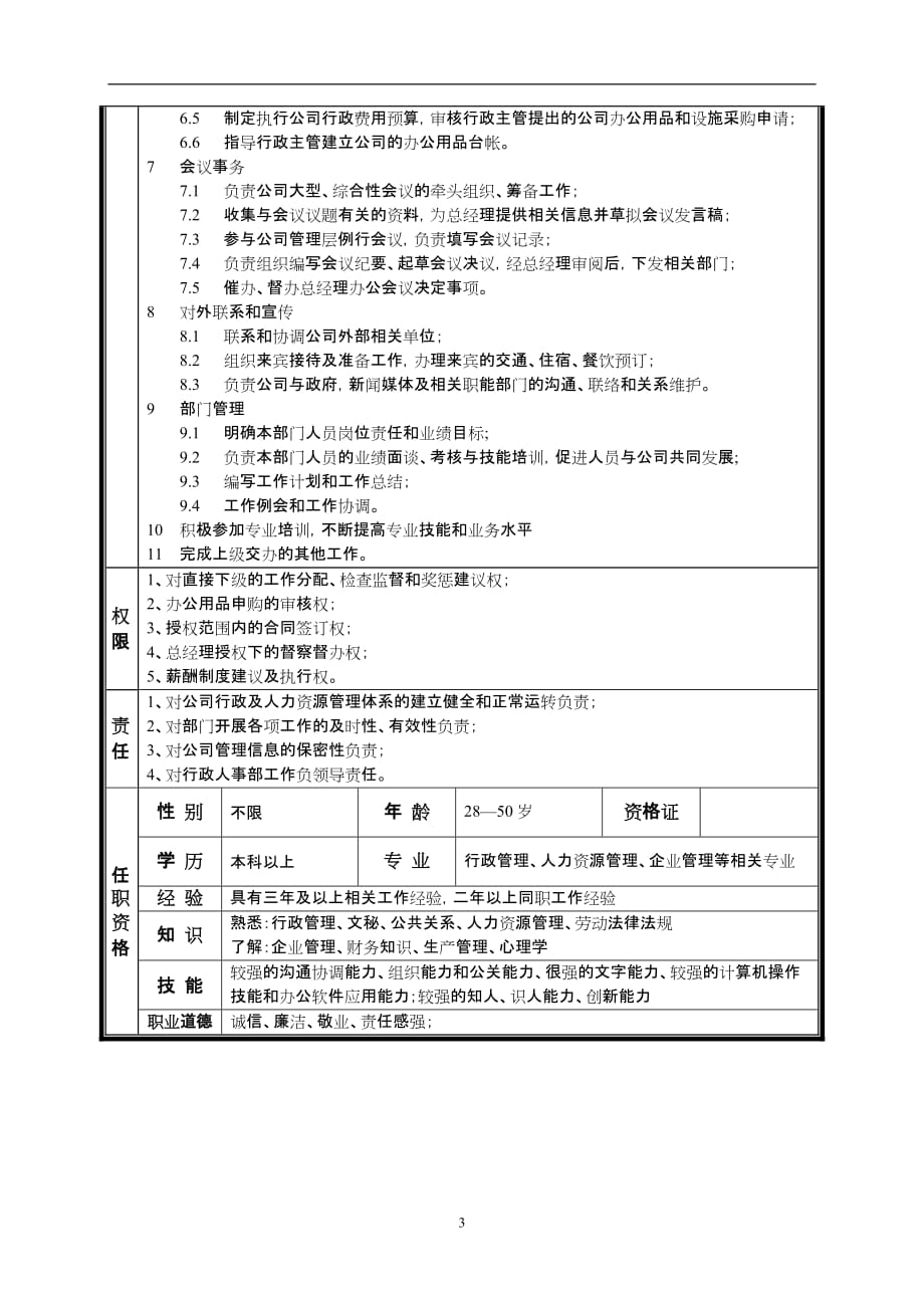 {人力资源岗位职责}某中型制造业行政人事部经理岗位说明书._第3页