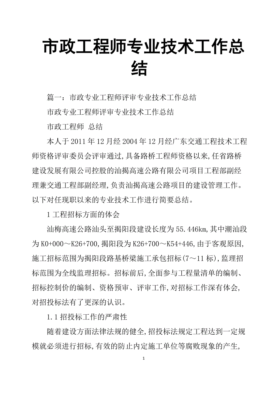 市政工程师专业技术工作总结（7.17）.pdf_第1页