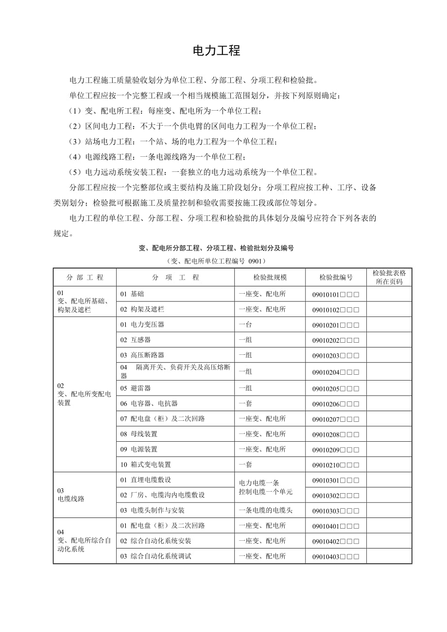 电力工程的单位工程、分部工程、分项工程和检验批的具体划分及编号.doc_第1页