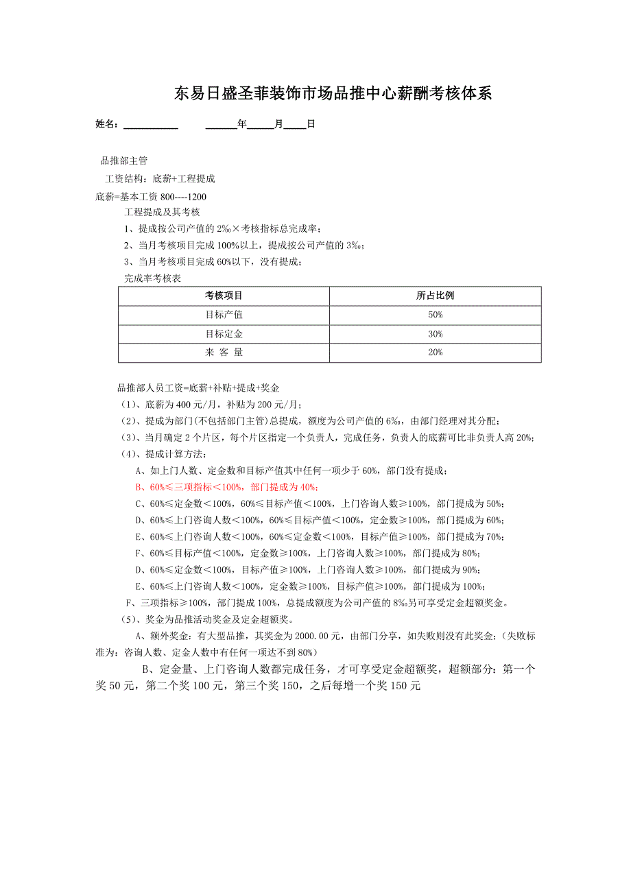 人力资源绩效考核某某装饰市场品推中心薪酬考核体系_第1页