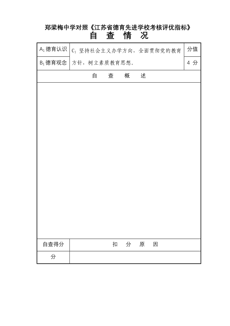 绩效管理表格郑中对照德育先进学校考核评优指标表空表精品_第1页