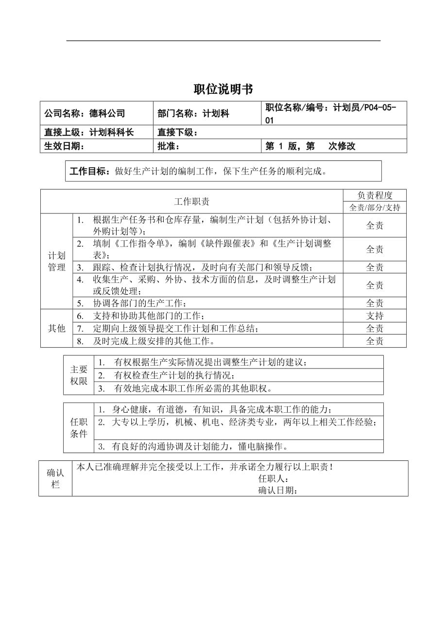 {人力资源岗位职责}职位说明书计划员._第1页