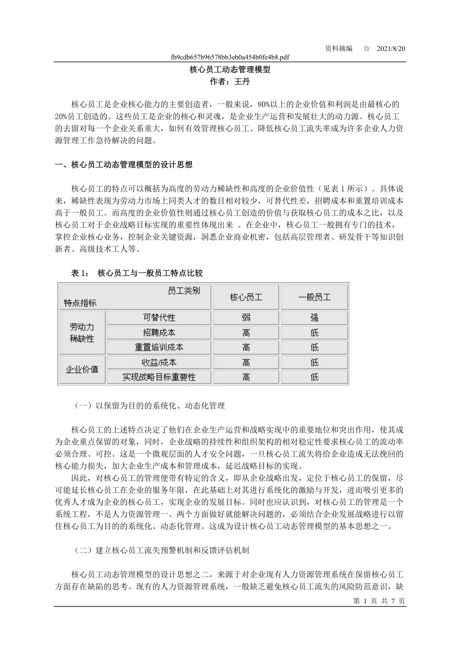 员工管理核心员工动态管理模型_第1页