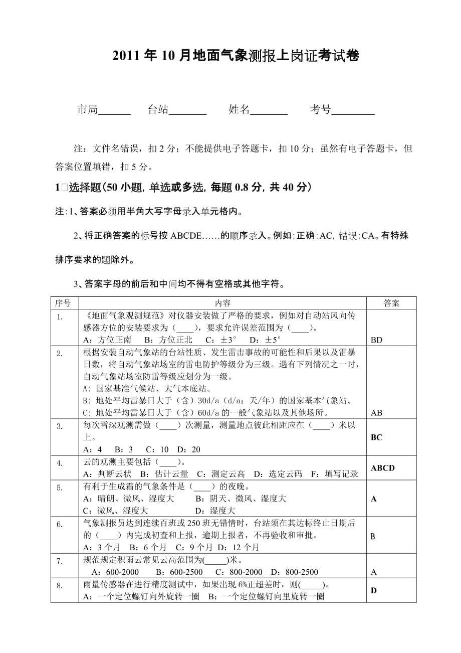 员工管理某某某年月地面气象测报上岗证考试卷_第1页