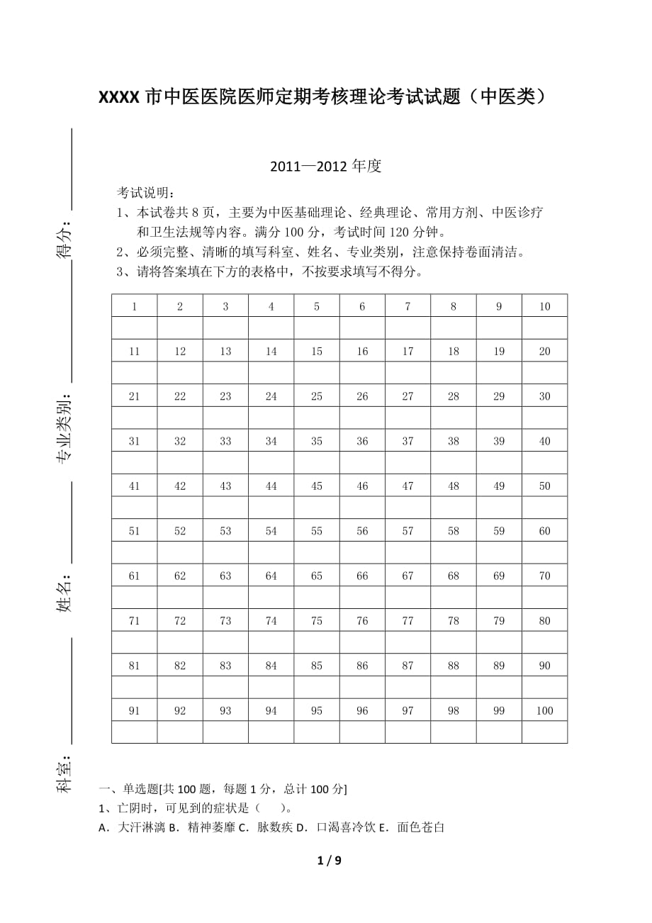 {人力资源绩效考核}市中医医院医师定期考核理论考试试题中医类别._第1页